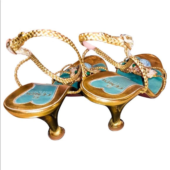 FENDI Gold Braided Embellishment Fish Ornate Crystal Sandal Heels - Picture 2 of 11